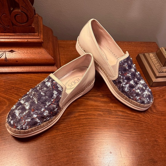 Tod's Cream Leather Silver Sequin Embellished Espadrille Loafers Size 37/7 - Picture 14 of 15